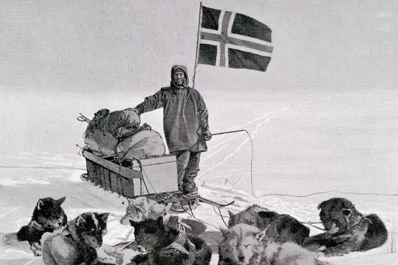 Amundsen with dogsled and flag
