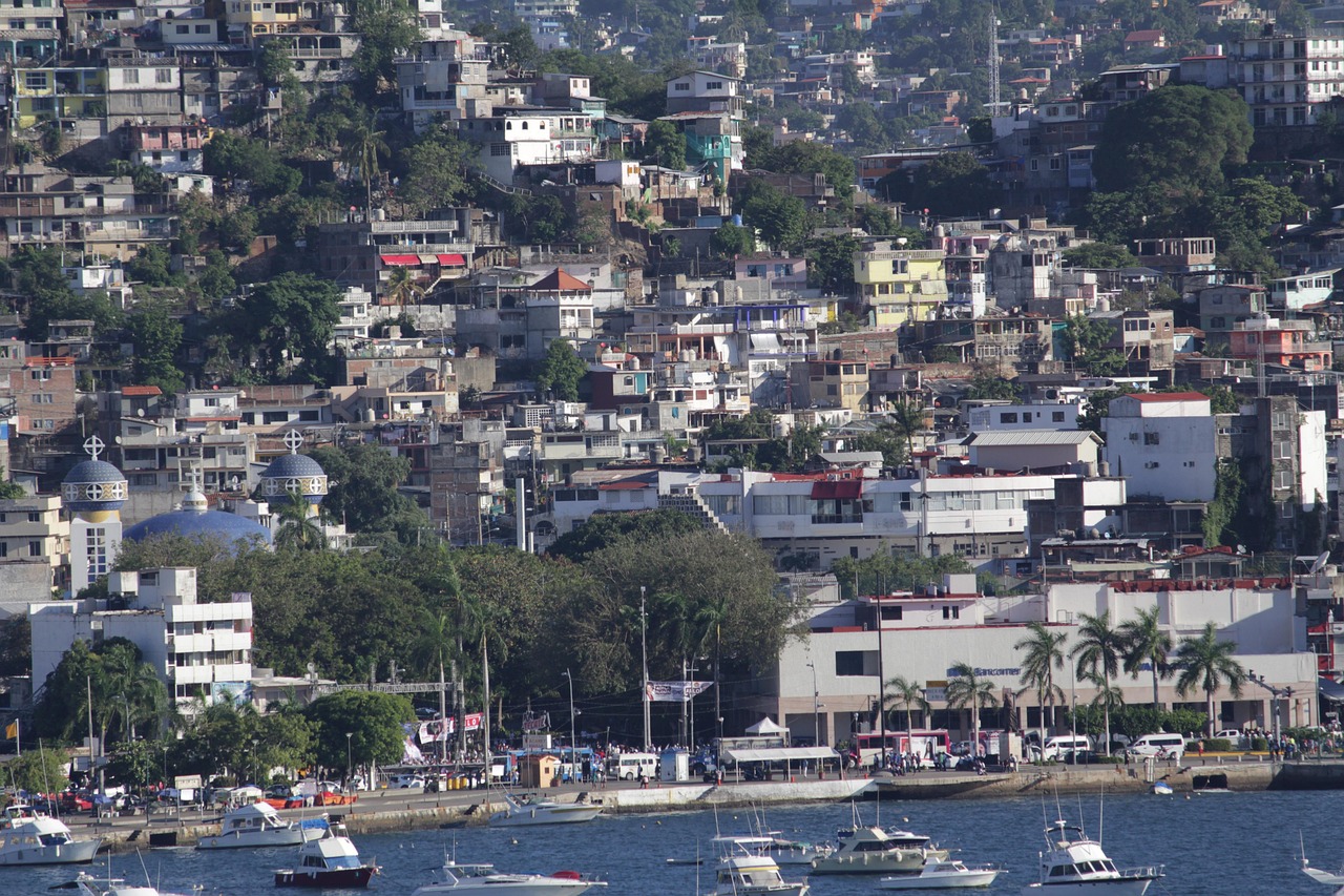 Acapulco old city with onion domes of cathedral on left